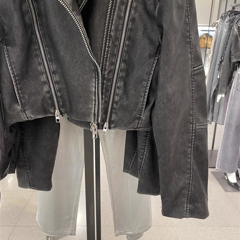 新款女装 做旧效果仿皮机车款夹克外套皮衣4341726 802