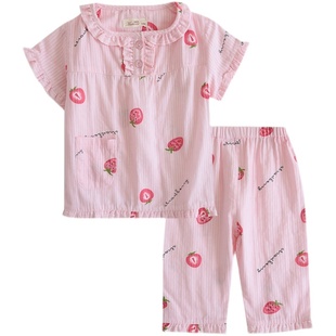 A类粉色草莓甜美儿童夏薄纯棉纱布睡衣女童短袖7分裤套头式家居服