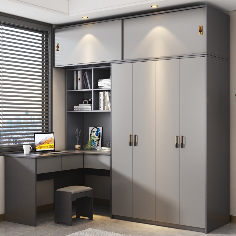 实木转角连体书桌柜小户型L学生写字台家用灰色电脑桌带7字一体橱