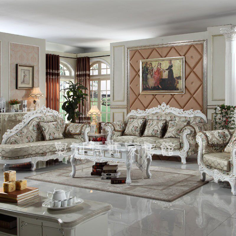 新款欧式布艺沙发 欧式实木客厅组合田园雕刻小户型布沙发可拆洗