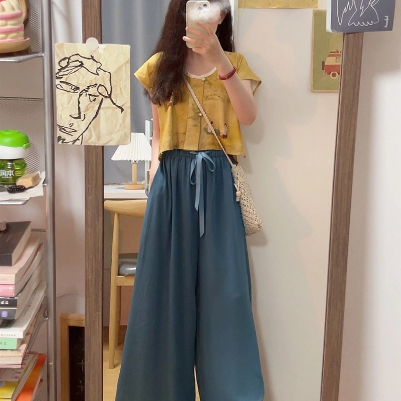 敦煌风改良黄色汉服上衣女夏季新中式轻国风仕女图小个子短袖衬衫