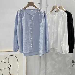 新款黑色白色蓝白条纹衬衫女上衣长袖宽松棉质百搭春秋款圆领休闲
