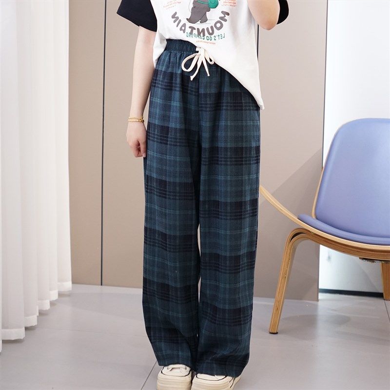 初夏薄款大码高腰松紧腰格子阔腿裤2024新款胖mm时尚百搭格子女裤,女装/女士精品,大码裤装,淘宝优惠券,粉丝福利购,淘宝优惠卷