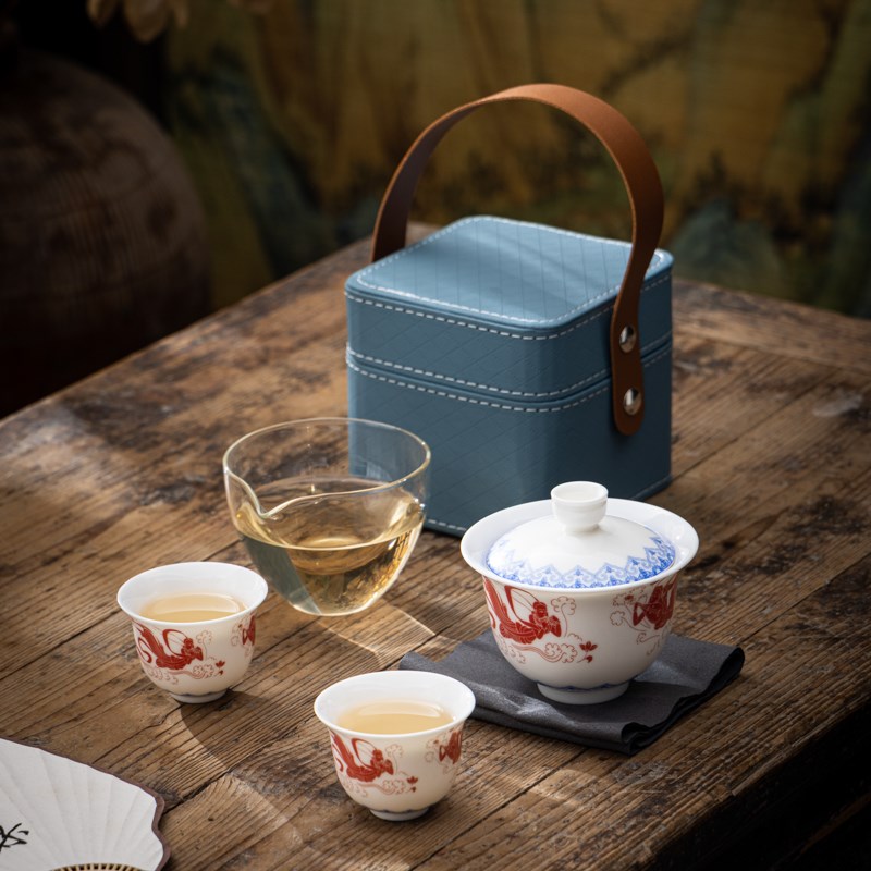 羊脂玉瓷盖碗茶杯敦煌飞天神女文创便携式一壶二杯快客杯旅行茶具