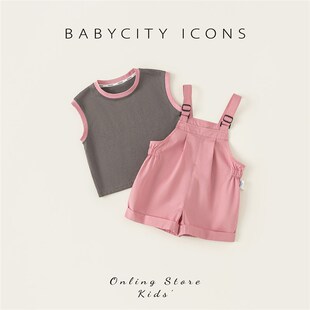 贝贝城女童套装2025夏季新款休闲洋气背心工装背带裤小女孩两件套