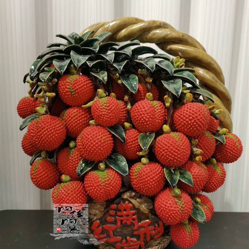 陶瓷工艺品 石湾公仔 大型荔枝篮摆件 满堂红利