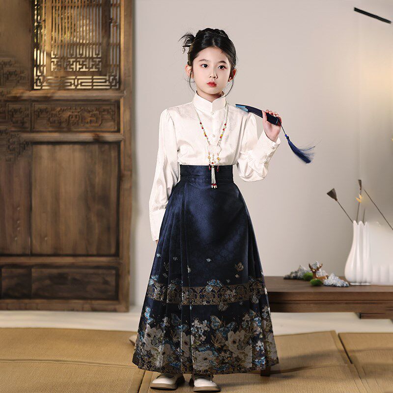 女童蓝色织金马面裙儿童新中式衣服唐装古风女孩宝国风白衬衫套装