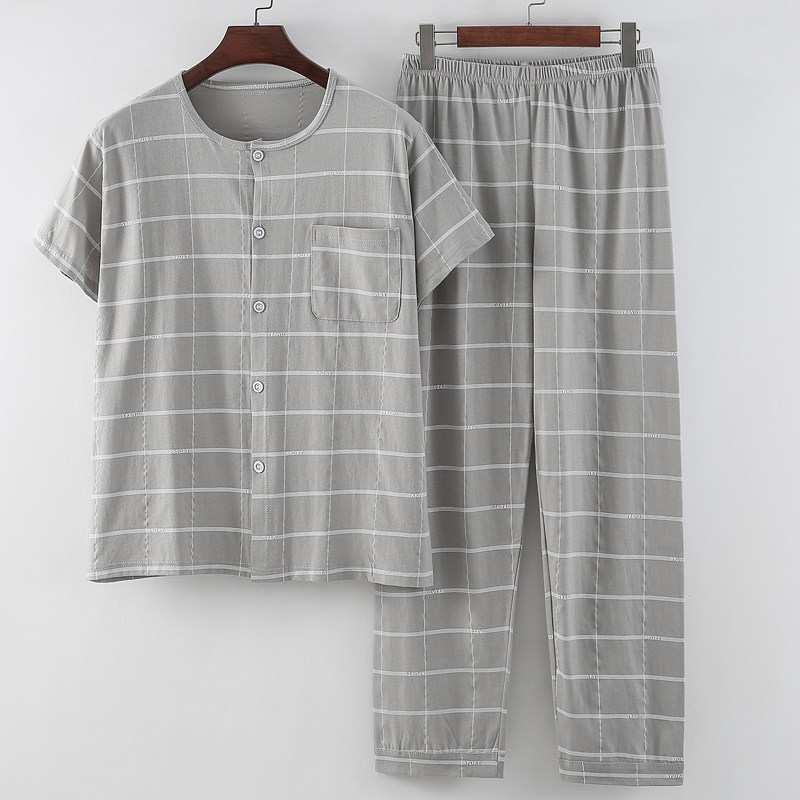 夏季新款薄款针织纯棉男老人格子短袖睡衣睡裤宽松汗衫空调裤套装
