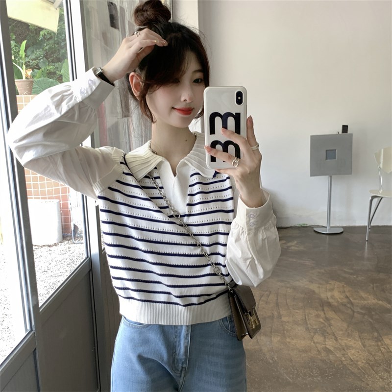 大码胖妹妹假两件拼接polo领针织衫女春秋新款设计感条纹长袖上衣