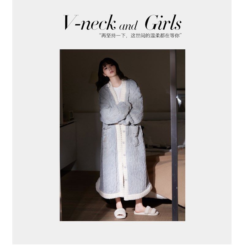 思莉太太冬季睡袍女珊瑚绒加厚加绒秋冬款法式冬天超长款外披睡衣