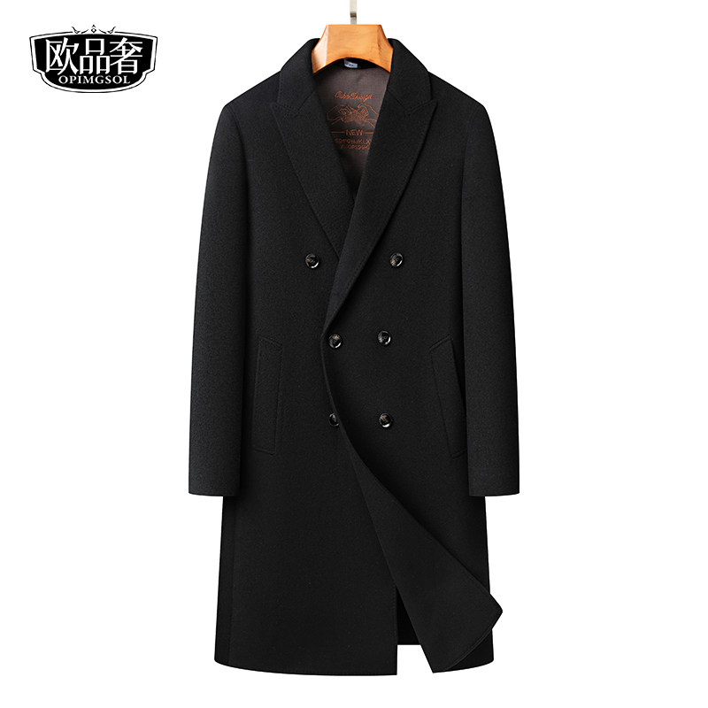 100%羊毛大衣女士双面呢中长款黑色西装领羽绒内胆冬新款毛呢外套