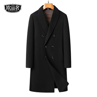 100%羊毛大衣女士双面呢中长款黑色西装领羽绒内胆冬新款毛呢外套