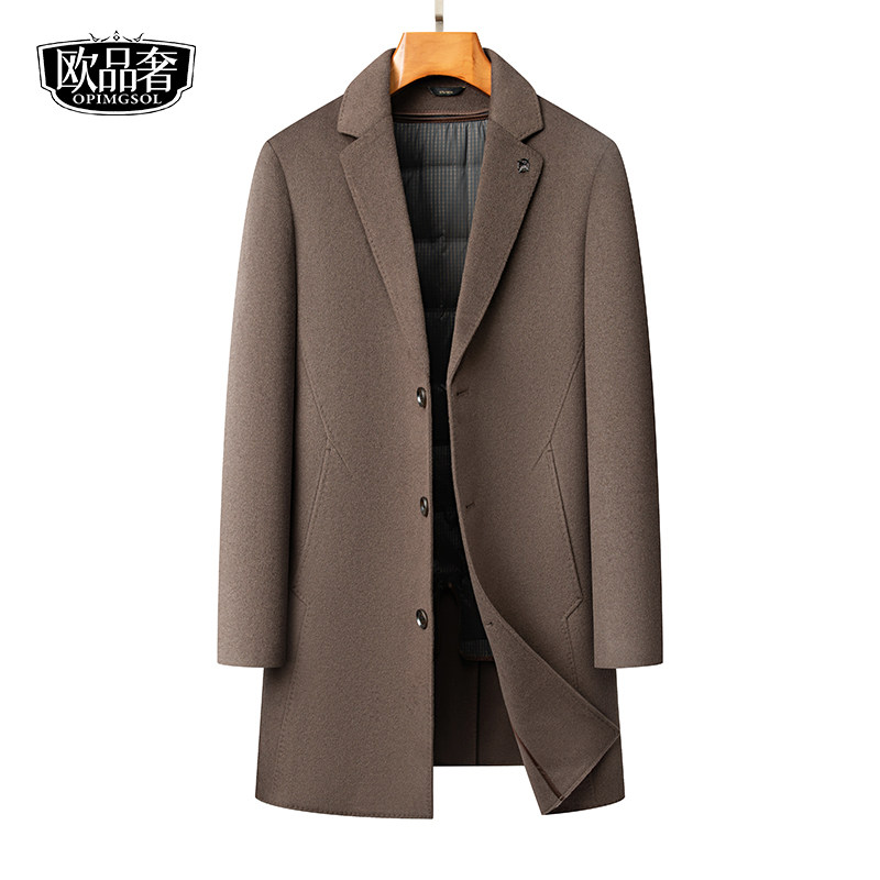 羊毛呢子大衣男士中长西装领加厚羽绒内胆西服式外套冬新款双面呢