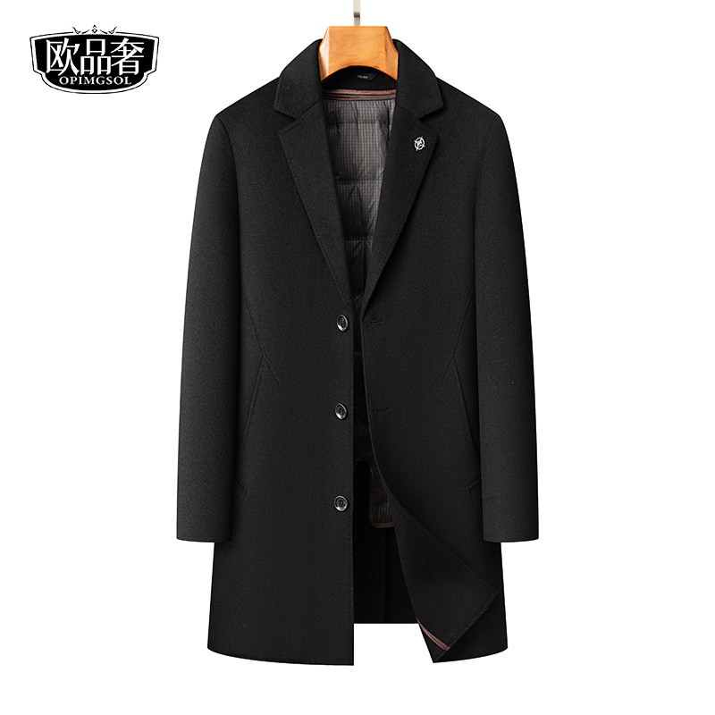 羊毛呢子大衣男士做出来黑色西装领羽绒服内胆冬装新款双面呢外套