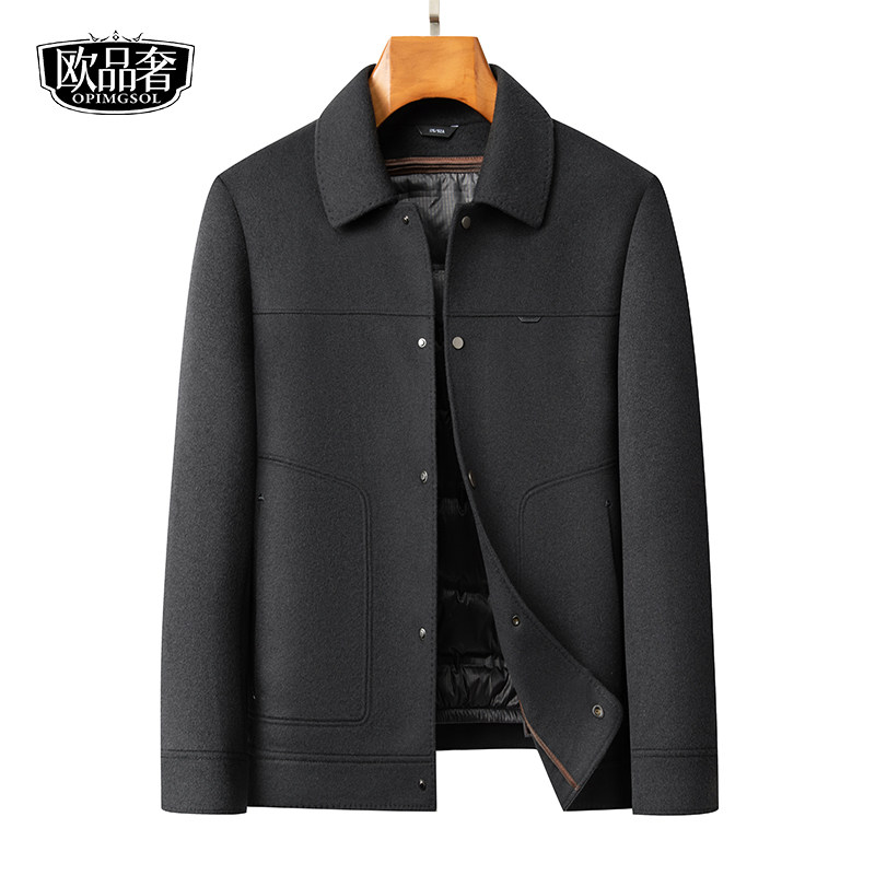 100%羊毛呢子大衣男士短款翻领加厚羽绒服内胆冬装高档外套双面呢