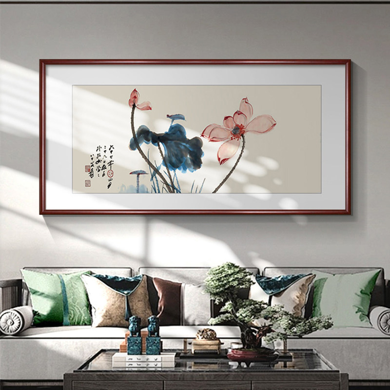 张大千荷花图装饰画新中式客厅沙发背景墙水墨画挂画书房茶室壁画