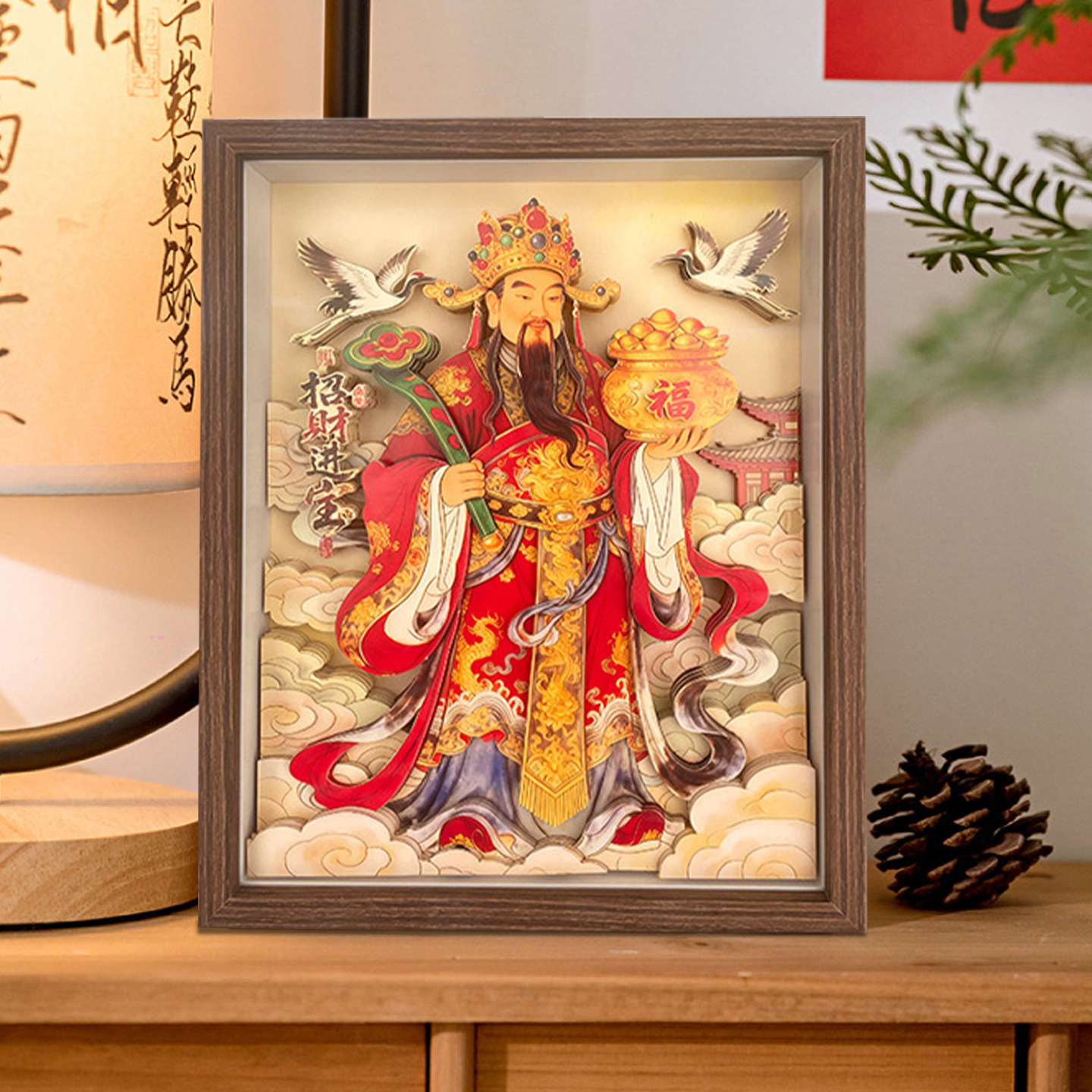 马年五路财神立体装饰画摆件手工剪纸文创国潮装饰摆台开企业礼品