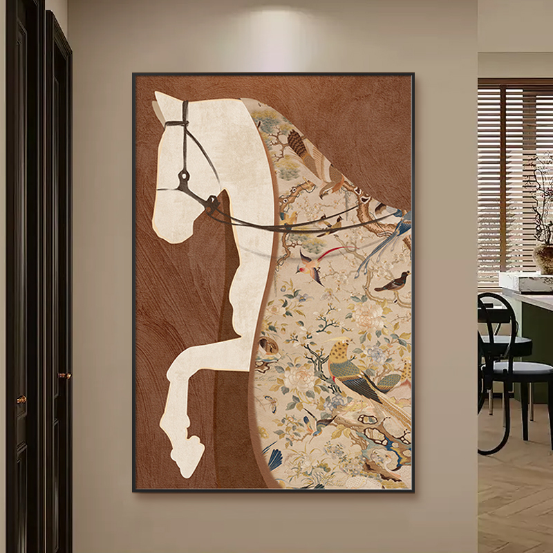 马到成功客厅落地装饰画中古风沙发背景墙画法式南洋复古玄关挂画图片