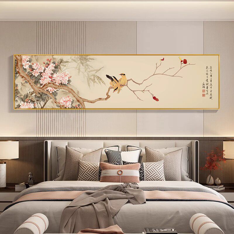 喜上眉梢新中式卧室床头装饰画中国风花鸟客厅茶室背景墙挂画横版