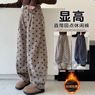 女童加绒裤子秋冬款2025新款冬装女孩波点一体绒儿童冬季加厚绒裤