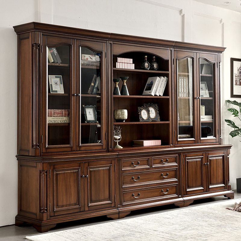 美式全实木书柜落地书房家具书橱组合黑胡桃木书架置物架带玻璃门