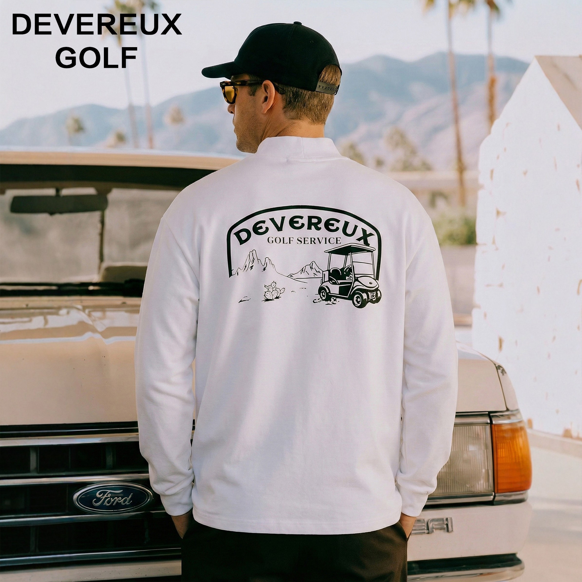 Devereux Golf潮牌高尔夫长袖T恤男 小高领 荒漠球车印花复古卫衣