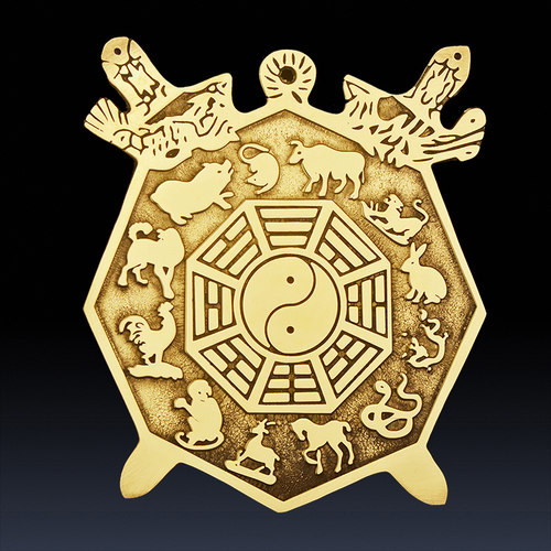 铜双剑十二生肖八卦盾牌摆件 纯铜平面八卦镜子 家用路冲尖角挂件