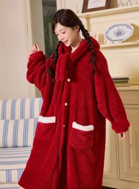 Disney/迪士尼迪士尼红色睡衣女秋冬款珊瑚绒加厚长款家居服套装