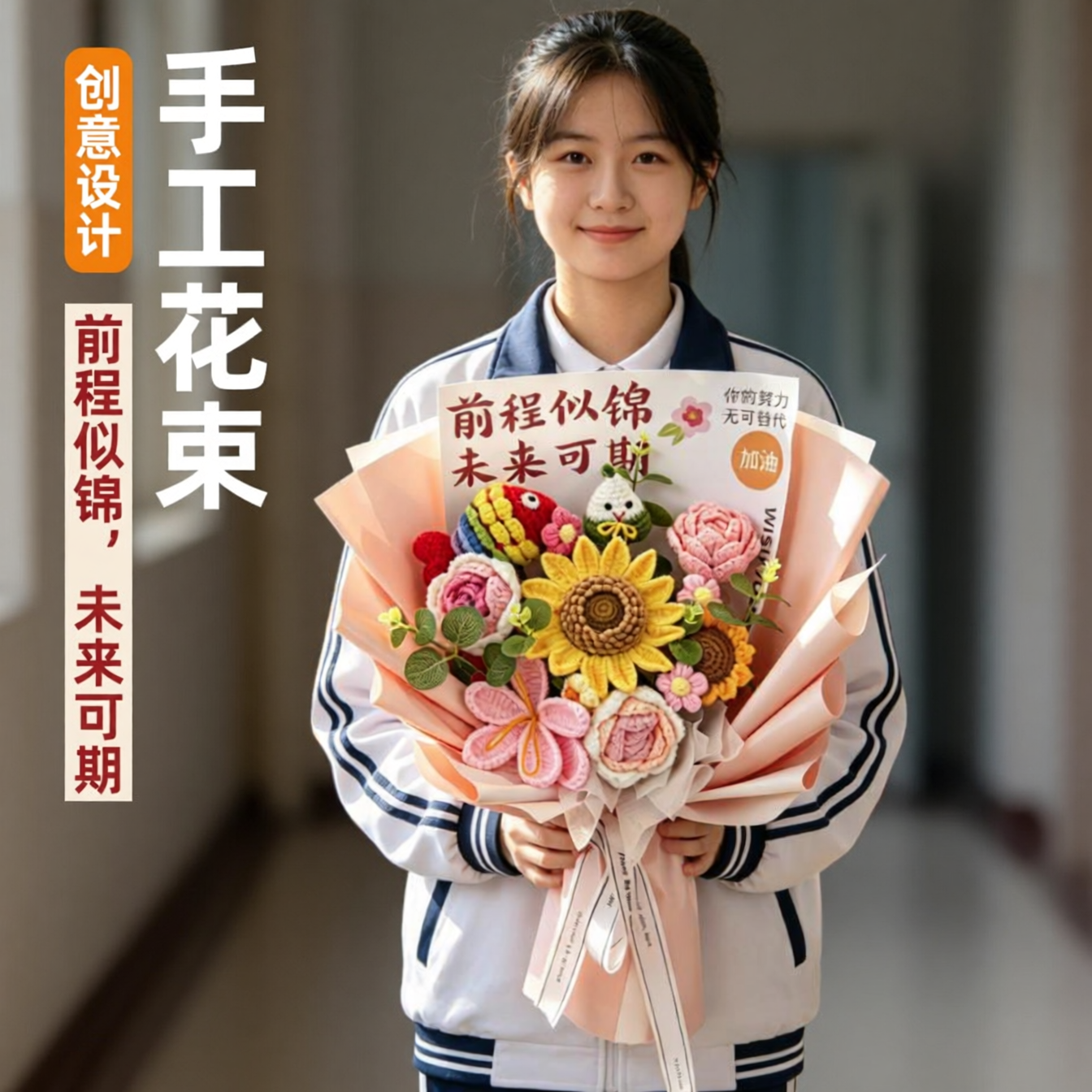 毕业礼物小熊公仔毛线针织花束