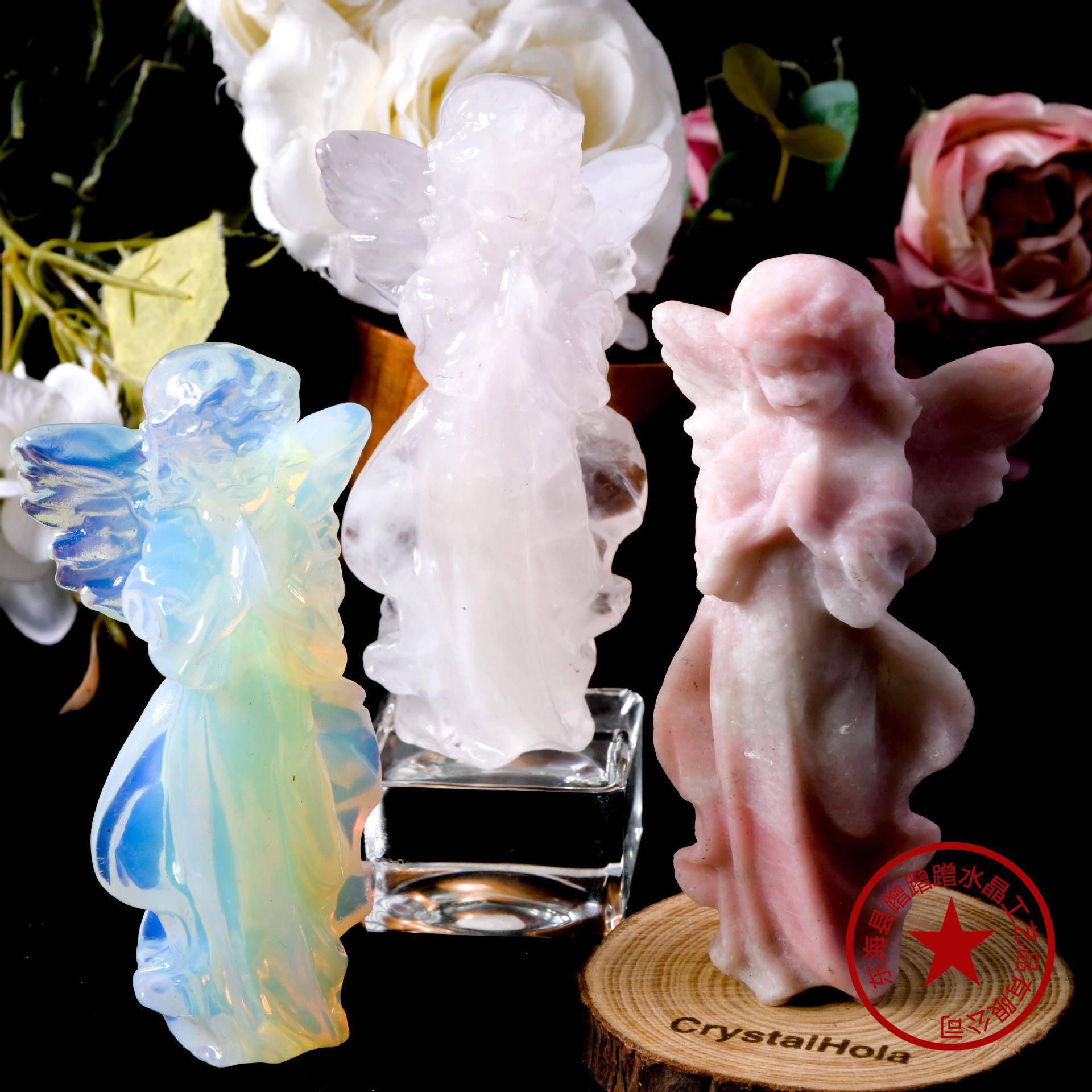 天然水晶粉澳宝天使雕刻件原石打磨水晶工艺品办公桌面女神像摆件