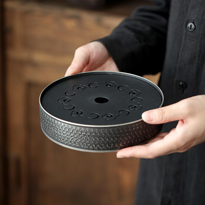 黑玄排水储水茶盘陶瓷大号干泡黑陶茶海壶承圆形干泡茶台茶具茶盘