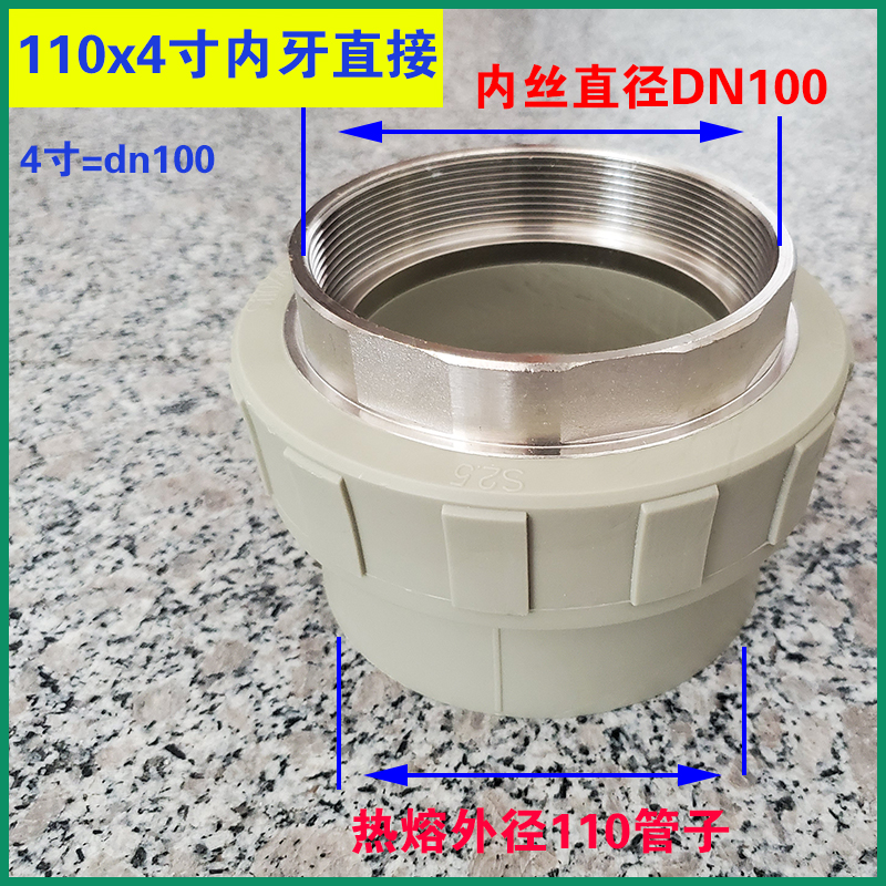 灰色PPR内牙直接DN40 50 63 75 90 110内丝直通热熔水管配件 铜牙