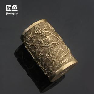匠鱼高档纯铜茶筒单个梅开五福创意六君子笔筒收纳罐家用茶具配件