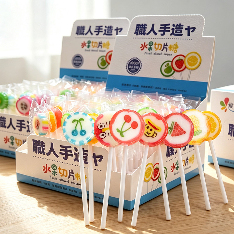 网红盒装卡通水果切片棒棒糖硬糖儿童节糖果休闲零食创意水果味糖