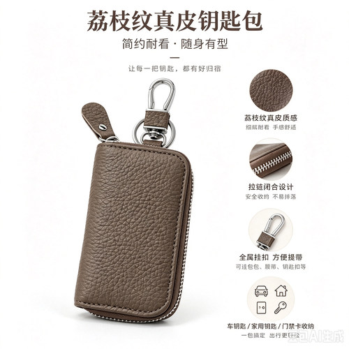 真皮荔枝纹拉链大容量钥匙包