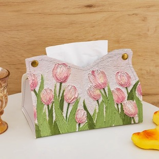 2025新款郁金香纸巾盒客厅家用桌面纸抽收纳盒餐纸巾盒油画高级感