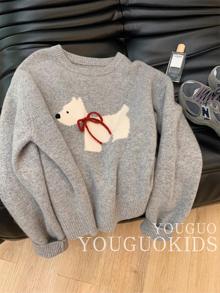 女童针织毛衣秋季2025新款儿童洋气小狗针织圆领大童秋冬打底上衣