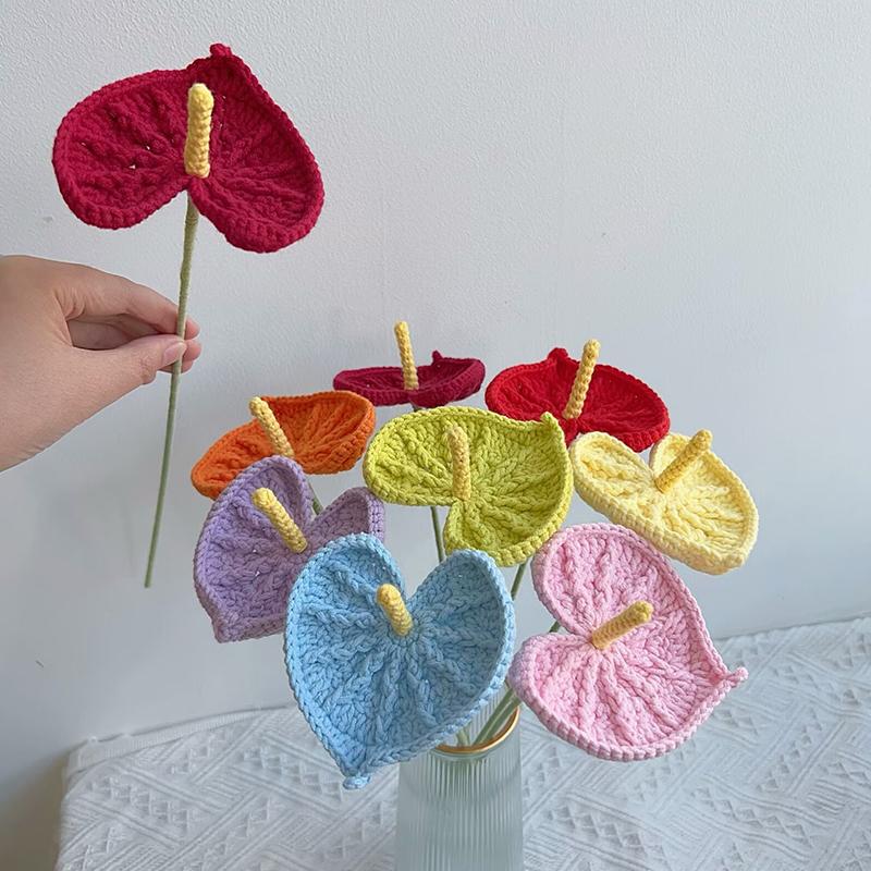 红掌花成品 针织编织毛线花 纯手工粉掌绿掌仿真花花束配花插花瓶