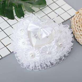 新款西式白色蕾丝花边心形戒枕盒结婚花童对戒盒子蝴蝶结装饰