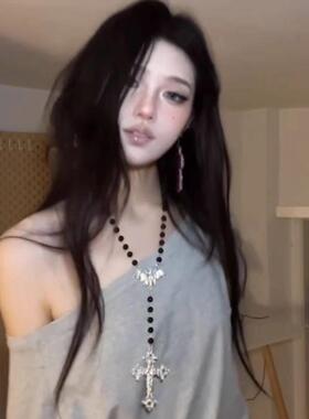 暗黑锆石十字架串珠项链女时尚长款双层叠戴脖颈链风百搭锁骨链