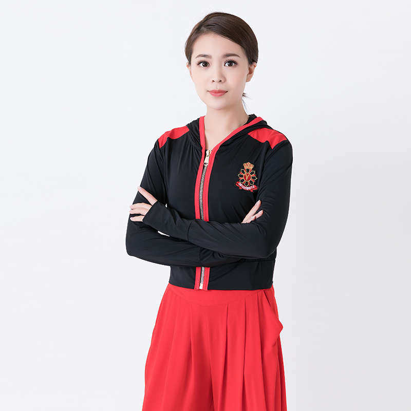 水兵舞服装女夏季红色拉链帽衫跳舞服广场舞新款演出服黑长袖上衣