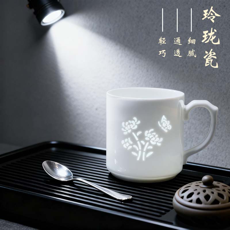 景德镇非遗玲珑杯陶瓷茶杯带盖带过漏家用泡茶大容量礼品杯子定制