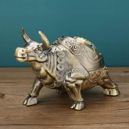 牛烟灰缸家用客厅防飞灰创意个性潮流办公室带盖烟缸金属摆件大号