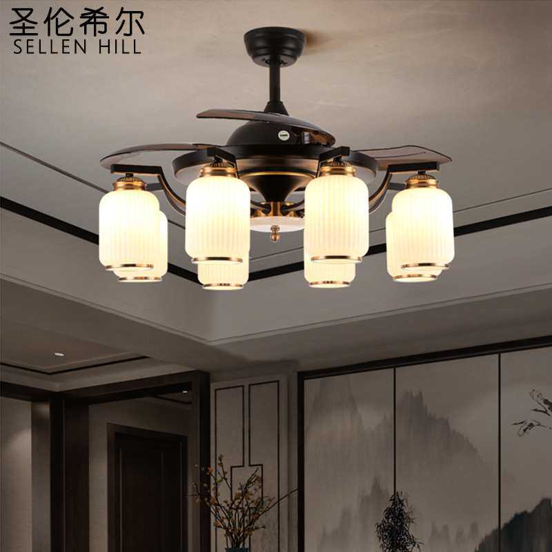 新中式客厅隐形风扇灯家用一体带灯餐厅茶室中国风电吊灯风扇吊灯