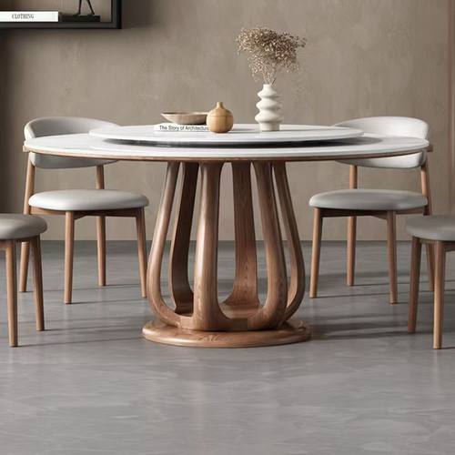 简约现代岩板圆桌带转盘实木圆形餐桌餐桌椅组合家用大小户型桌子