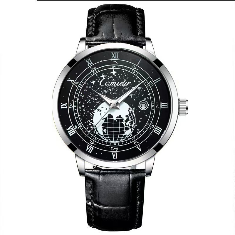 防水银色大表盘圆形夜光扫秒走针