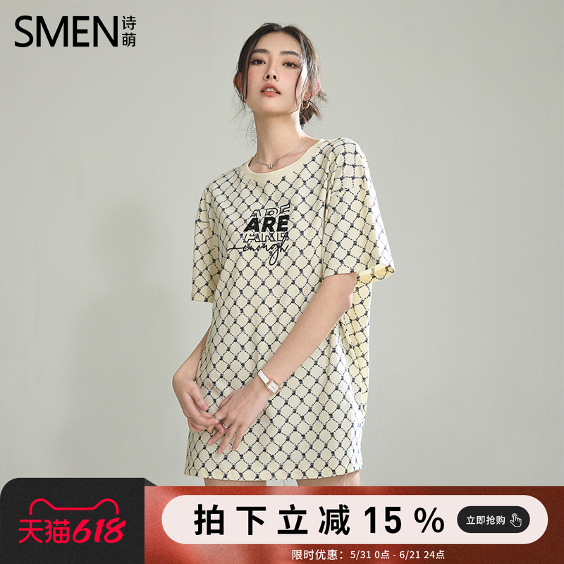 SMEN诗萌2026夏季宽松型中长款满印T恤女士潮流百搭休闲运动短袖