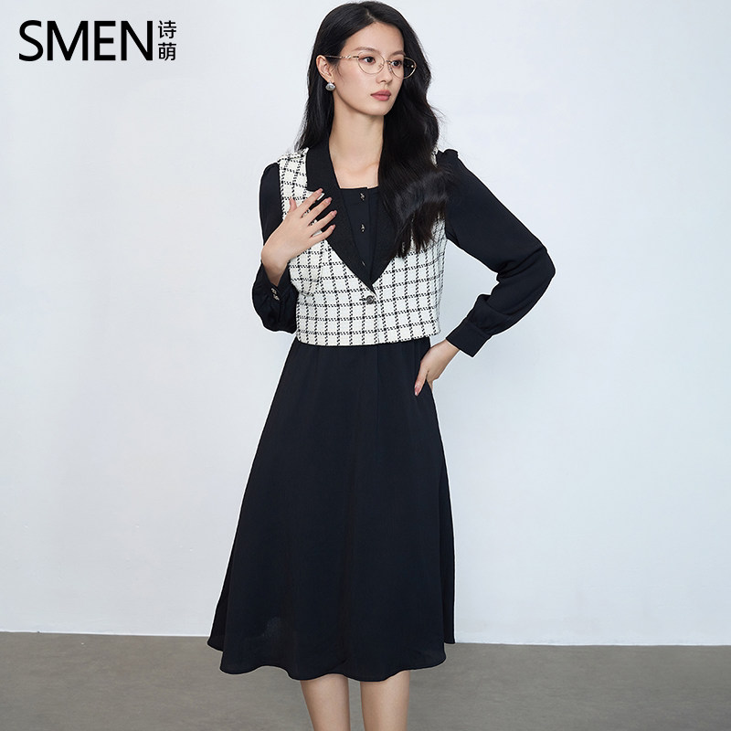 SMEN诗萌千鸟格显瘦长袖连衣裙女