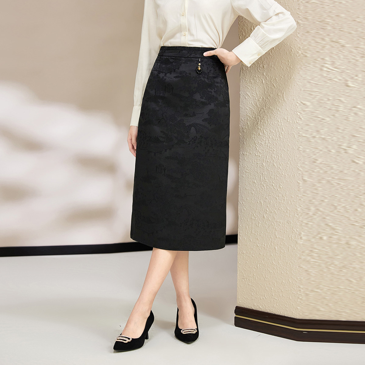 诗萌新中式国风提花半身裙女夏季2025高腰显瘦中长款包臀开衩半裙