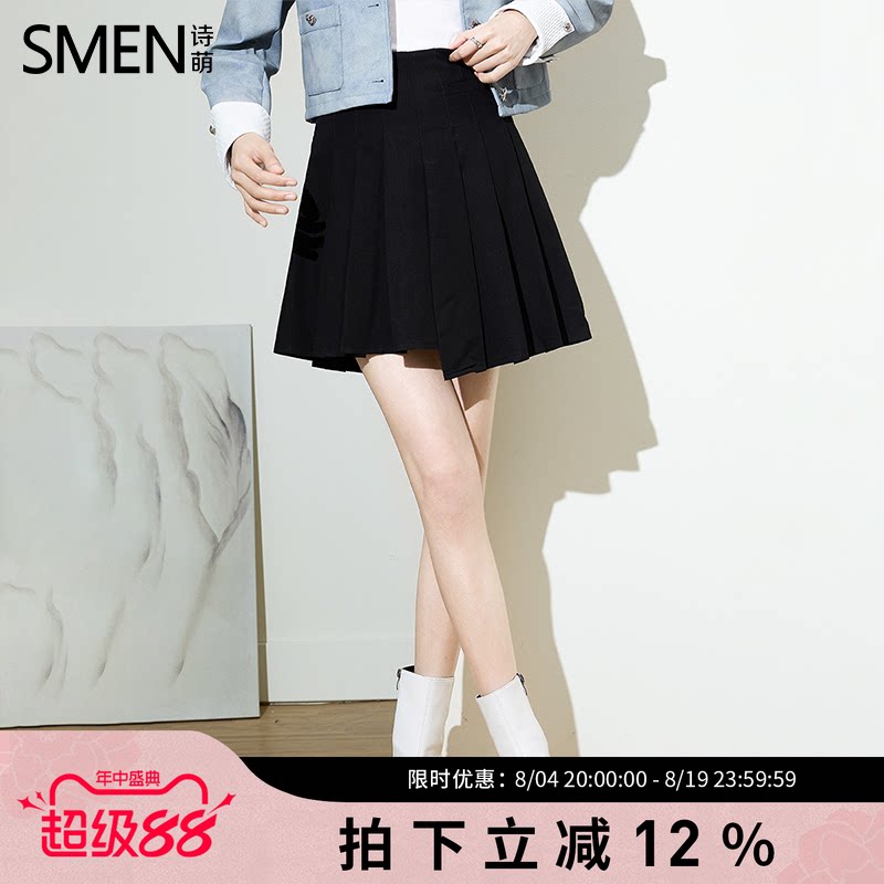 SMEN诗萌黑色高腰百褶学院风短裙
